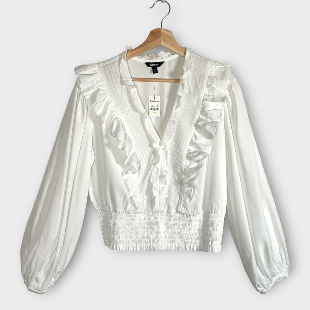 EXPRESS V-Neck Popover Blouse MEDIUM White Ruffles Romantic Parisian Style NEW - Picture 1 of 7